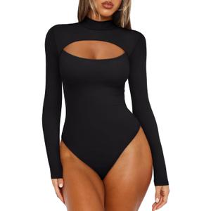 REORIA Women's Mock Neck Cutout Front Bodysuit Trendy Going Out Long Sleeve Body Suits Tops Fall Outfits 2025 (Medium, Black)