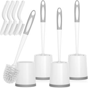 Toilet Brush, 4 Pack Toilet Brush and Holder Set, Toilet Bowl Brush with 4 Grout Brush, Toilet Bowl Brush and Holder for Bathroom, (White)