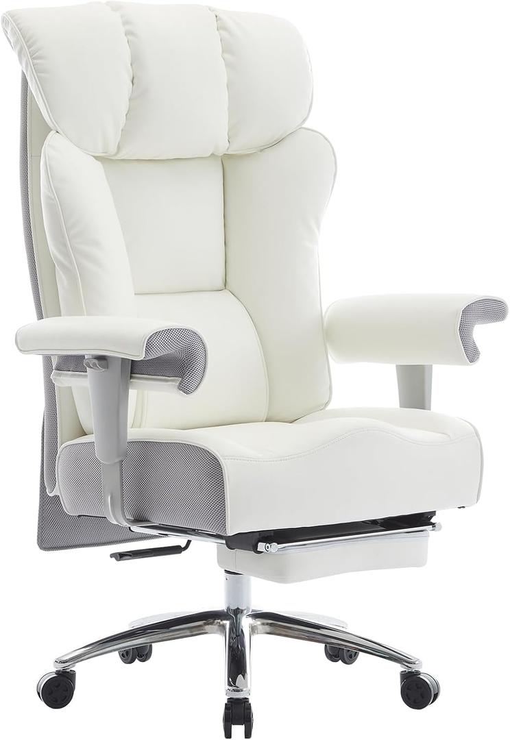 Efomao Big and Tall Office Chair 450LBS with Foot Rest, High Back PU Leather Executive Office Chair with Adjustable Padded Armrests, Lumbar Support for Home or Work, Heavy Duty Computer Chair, White