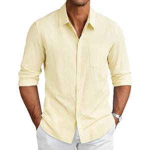 COOFANDY Men's Long Sleeve Button Down Shirts Casual Cotton Linen Shirts Summer Beach Shirt with Pocket (Beige, L)