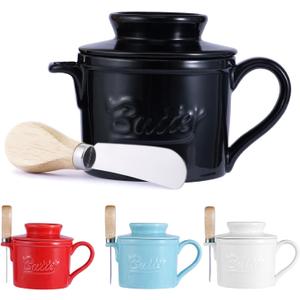 Butter Dish with Lid, French Ceramic Butter Crock with Water Line for Countertop, Keeps Butter Spreadable, Includes Knife and Non-Slip Handle, Kitchen Home Decor, Black