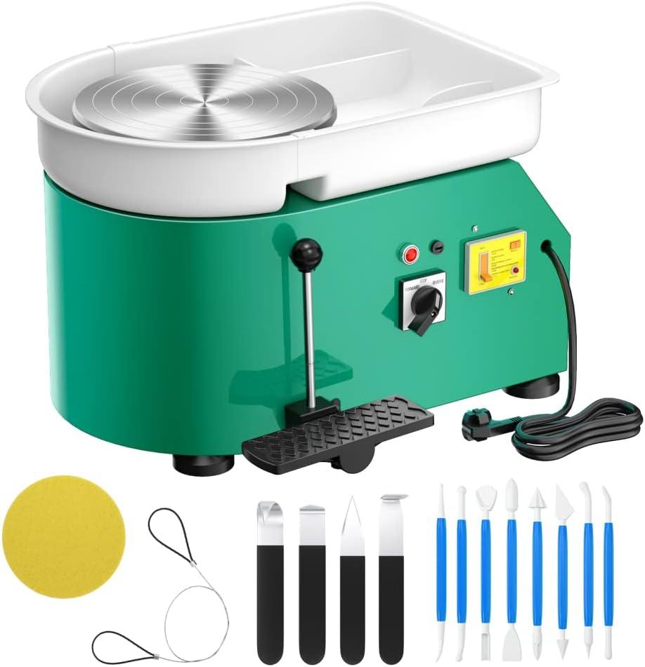 Pottery Wheel Pottery Forming Machine 25CM 350W Electric Pottery Wheel with Detachable Basin Foot Pedal DIY Clay Tool Ceramic Machine Work Clay Art Craft (Green)1