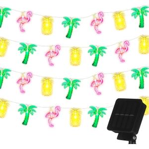 Huquary 50 LED 25ft Tropical Beach Hawaiian Solar String Lights Flamingo Pineapple Palm Tree Lights Outdoor 8 Modes Waterproof Solar Powered Decor for Hawaii Summer Tropical Pool Beach Luau Party