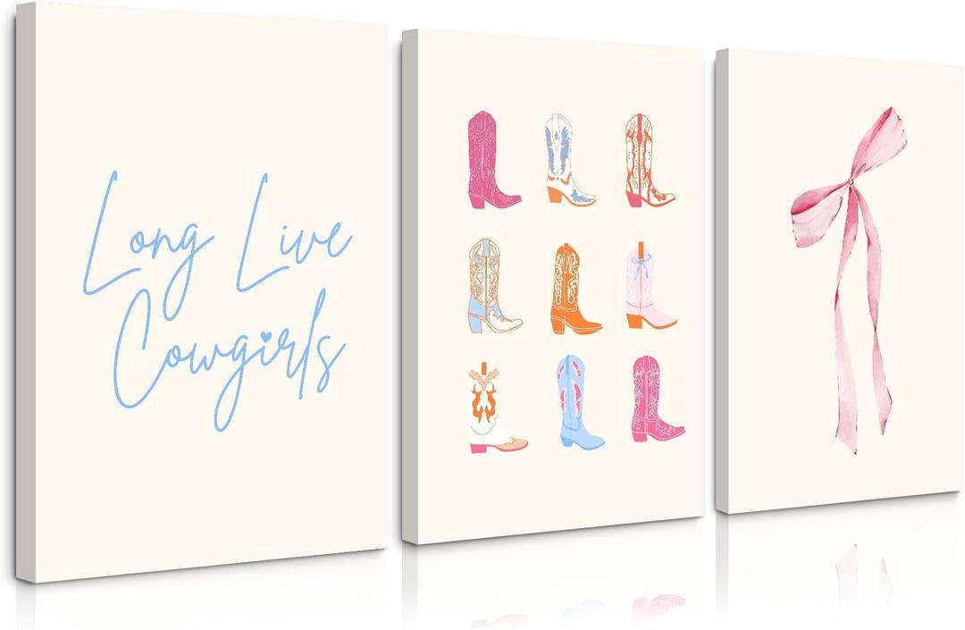 Cowgirl Wall Art Decor Pink Aesthetic Bows Canvas Wall Art Preppy Girly Poster Coquette Boots Wall Art Decor Trendy Bow Prints Pictures for College Apartment Bedroom 16x24 Inch Framed Set of 3