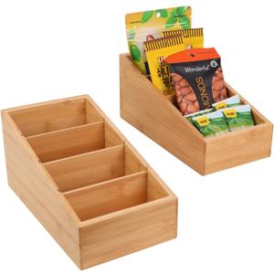 HTB 4-Section Snack Organizer with Removable Dividers for Kitchen, Cabinet, Office, Countertop, 2 Pack Bamboo Pantry Storage Organization for Spice Packets, Seasoning Pouches, Coffee Pods