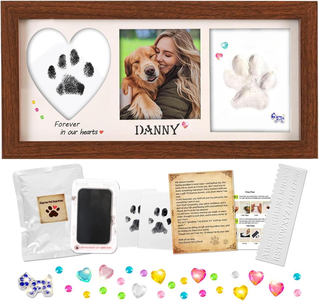 Pet Paw Print Frame Kit with Inkless Pad & Air-Dry Clay, Wooden Memorial Keepsake with Plexiglass for Dog & Cat (Brown)