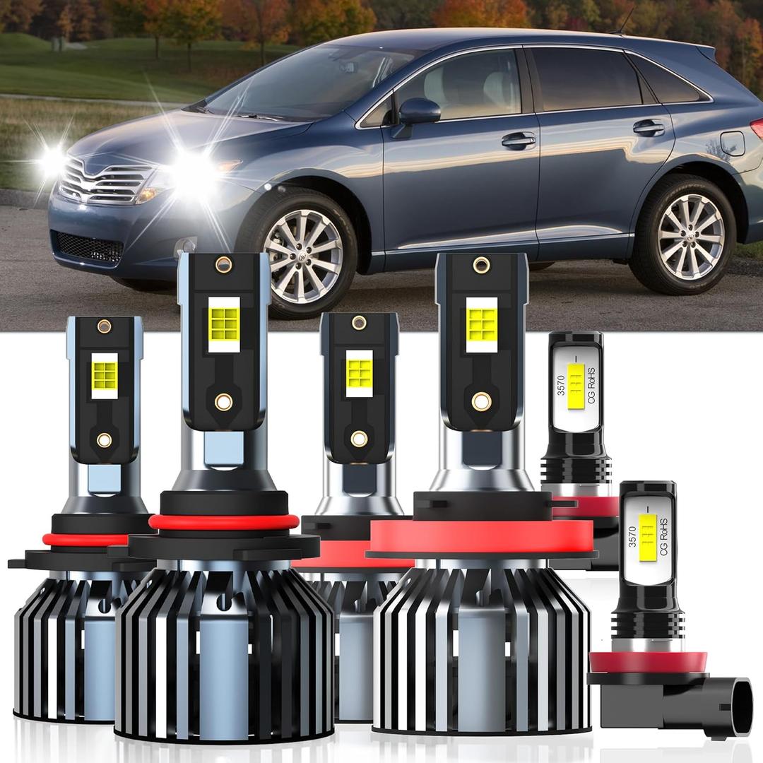 Lights Fit For Toyota Venza 2009 2010 2011 2012 2013 2014 2015 2016, 9005 High Beam H11 Low Beam H11 Fog Light Bulbs, High Power 6500K White Light, Pack of 6