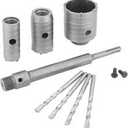 QWORK Concrete Hole Saw Kit, 7 Pcs Cement Stone Drill Bit Sets, Shank with (30mm 40mm 60mm) Cutting Diameter, 8 11/16" Connecting Rod, 3 Center Drill Bits, for Brick Stone Wall Drilling