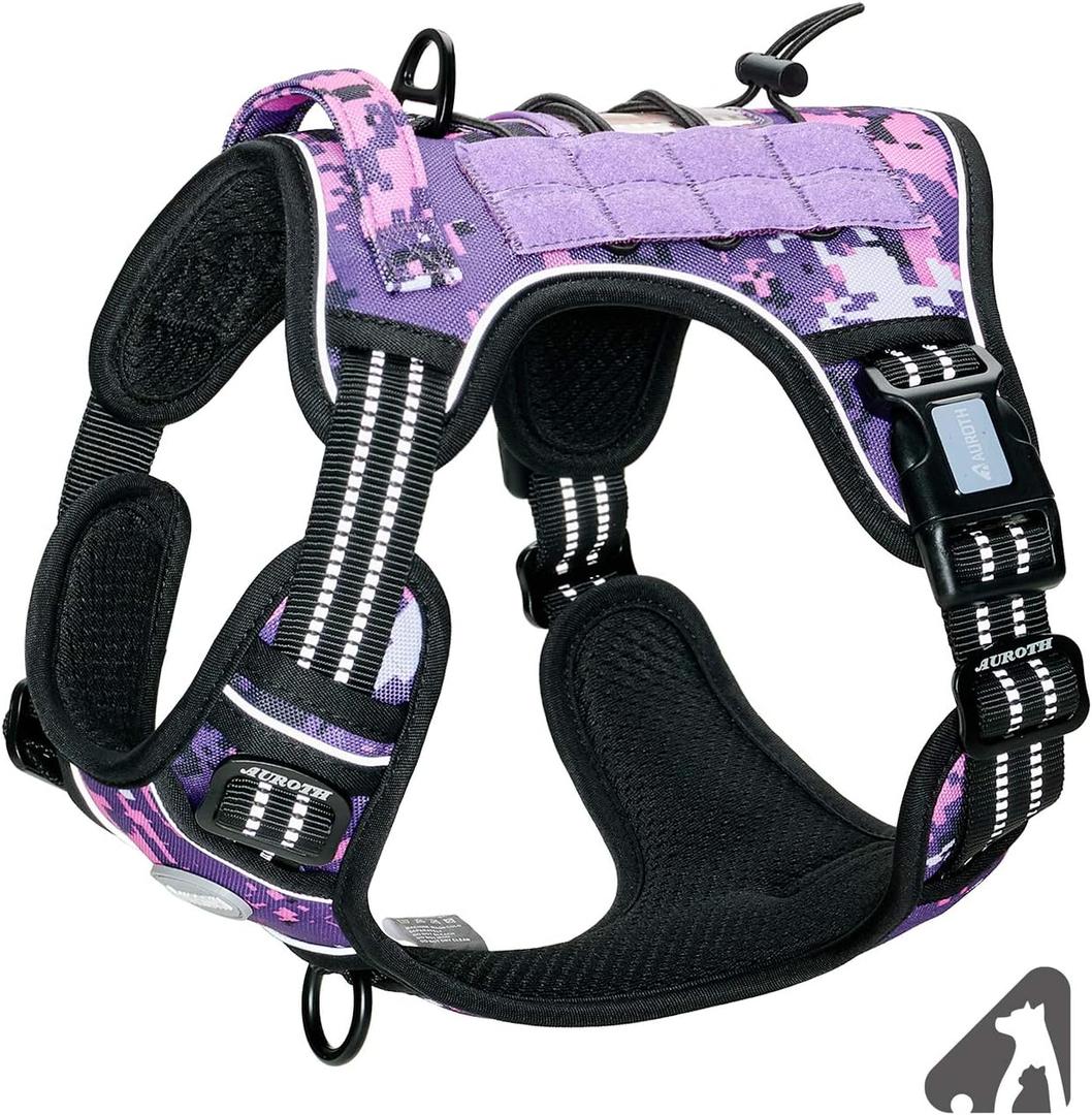 AUROTH Tactical Dog Harness for Small Medium Large Dogs No Pull Adjustable Pet Harness Reflective K9 Working Training Easy Control Pet Vest Military Service Dog Harnesses (S, Purple Camo) (S(Neck:14-21",Chest:20-31"),18-35 lbs)
