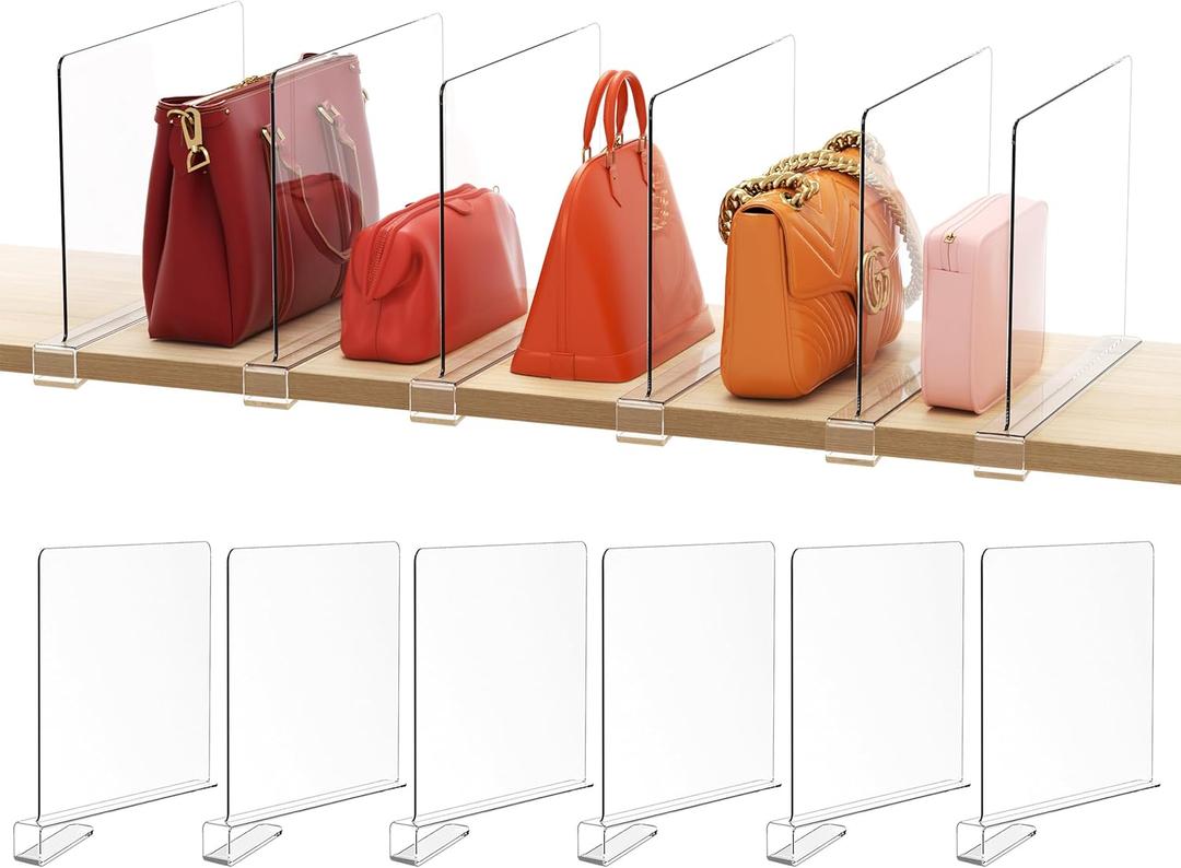 12 Inches [Extra Tall Version] Clear Shelf Dividers for Closet Organization and Storage, 6 Pack Purse Organizer for Closet Acrylic Adjustable Bookshelf for Organization, Perfect for Sweater, Clothes