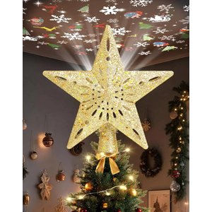 Christmas Tree Topper Star Lighted with 32.8ft Breathing Flickering String Lights & 6 LED Projection Modes, Gold Christmas Star Topper for Indoor Xmas Holiday Tree Decoration