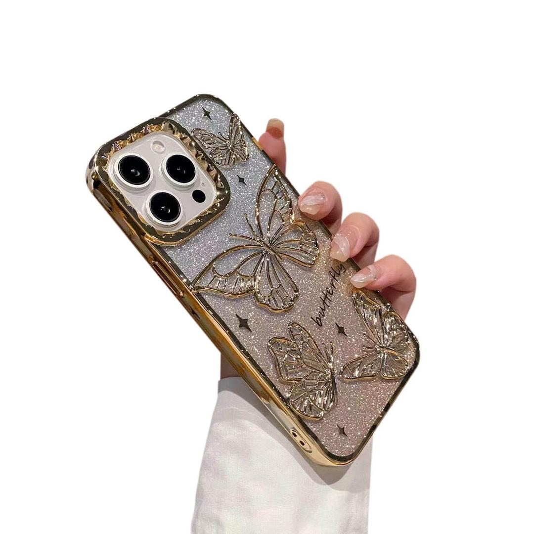 Bling Glitter Butterfly Phone Case Compatible with iPhone 16 Pro Max, 3D Butterflies Luxury case Soft Sparkling Cover for Women Girls (Gold)