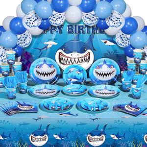 Yaomiao 165 Pcs Shark Birthday Party Decorations Supplies with Shark Party Theme Birthday Plates, Napkins, Cups, Tablecloths, Backdrop, Balloons Tableware Set Boy for 16 Guest Under Sea Ocean Decor
