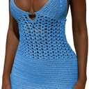 Women Knit Hollow Out Crochet Cover Up Sexy Halter Backless Bodycon Mini Dress Tie Up Swimwear Beach Dresses, Size: Small