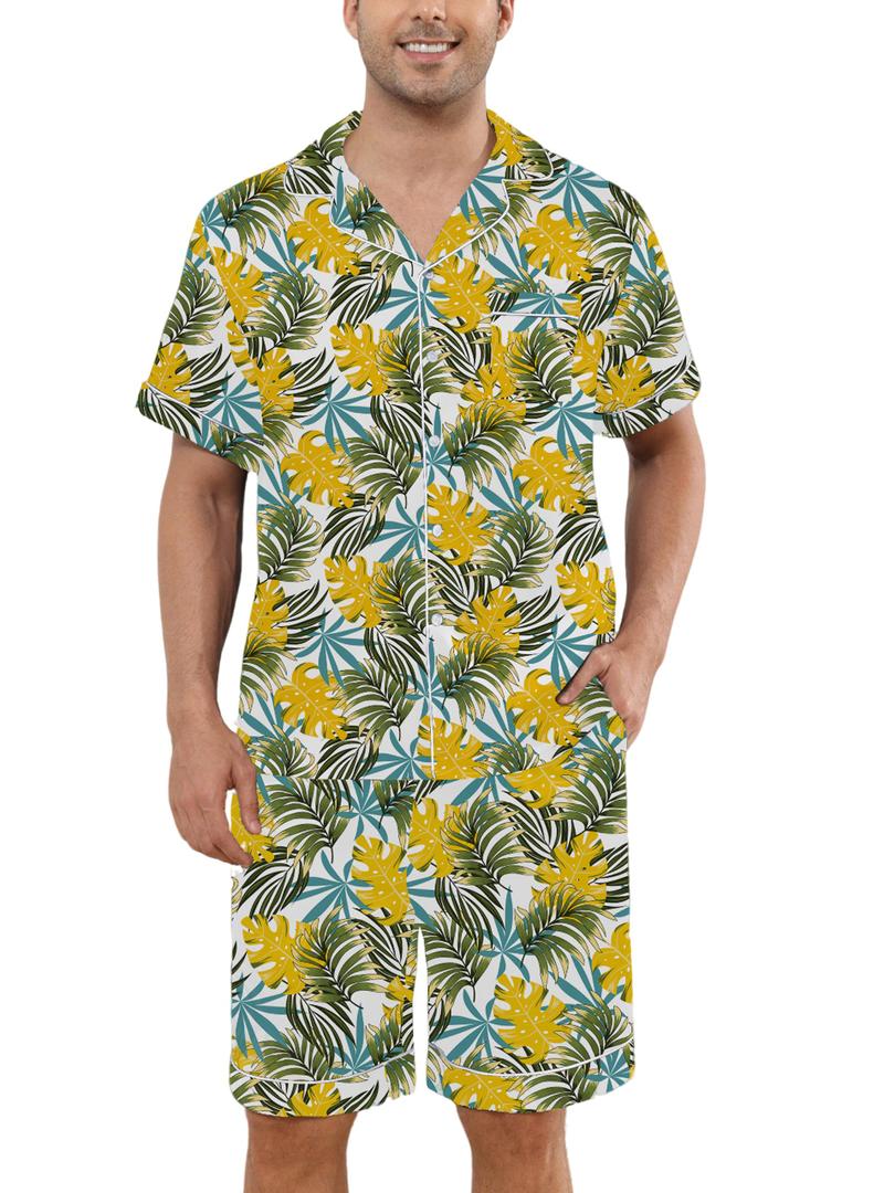 Veseacky Hawaiian Flower Print Pajamas for Men Button Down Short Sleeve Shorts Set (White Floral Leaf,L) (L)