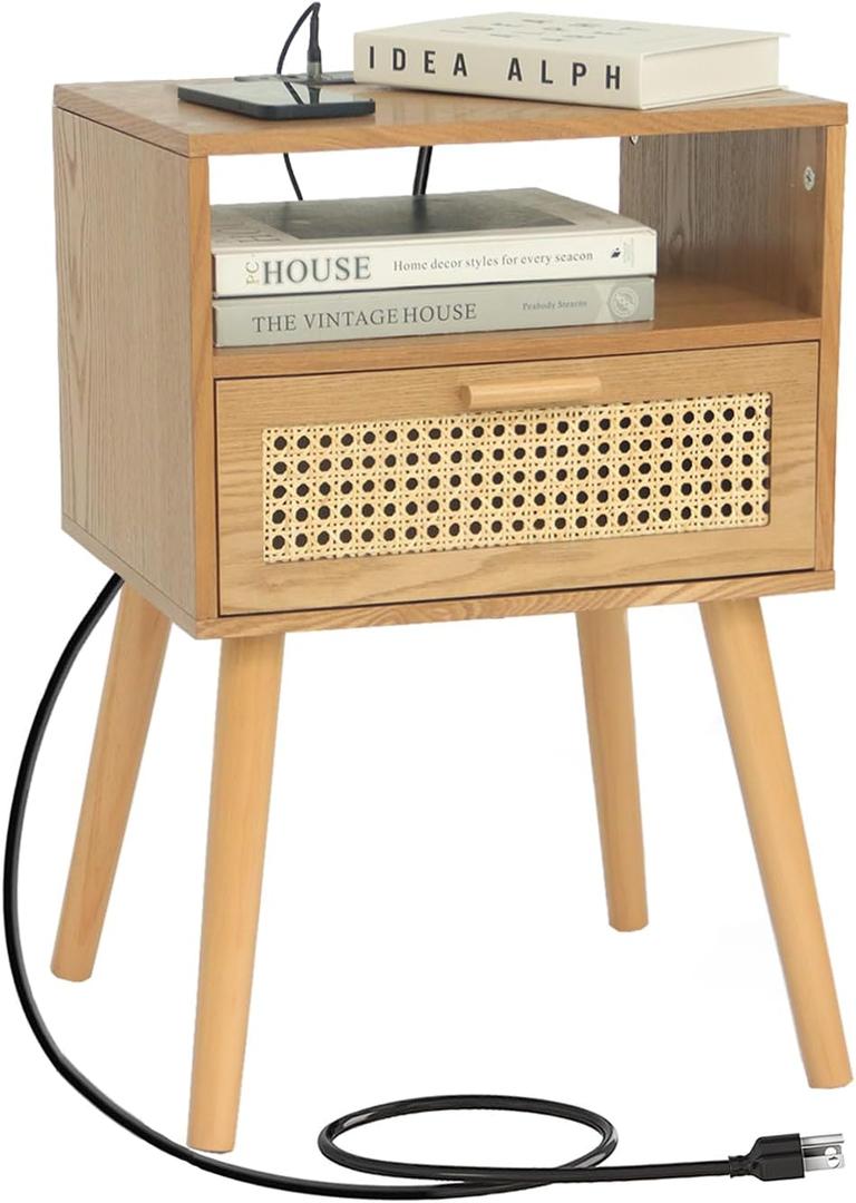 MaxSmeo Mid Century Modern Nightstand with Charging Station, Bedside Tables with Rattan Drawer, Small Wood Nightstand Side Table for Living Room,Bedroom (Brown), 11.8 Inches X 15.7 Inches X 23.6 Inches