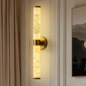 Alabaster Wall Sconces, 24" Brass Wall Sconce, Cylinder Natural Spanish Marble Sconces Wall Lighting, Modern Gold Dimmable Wall Lights for Living Room Bedroom Bathroom Stairs Hallway Entryway