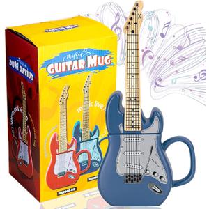 Electric Guitar Shaped Ceramic Mug, Novelty Music Themed Coffee Cup, Creative Drinkware for Tea, Funny Birthday, Halloween, Christmas Gift for Musicians & Rock Lovers, 15 oz (Blue)