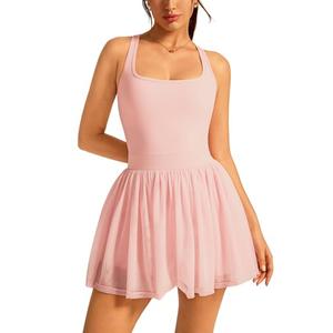 ABOCIW Tennis Dresses for Women Square Neck Mesh Hem Athletic Dress Built in Bra and Shorts Racerack Sports Workout Golf Active Dresses with Pocket Pink X-Small
