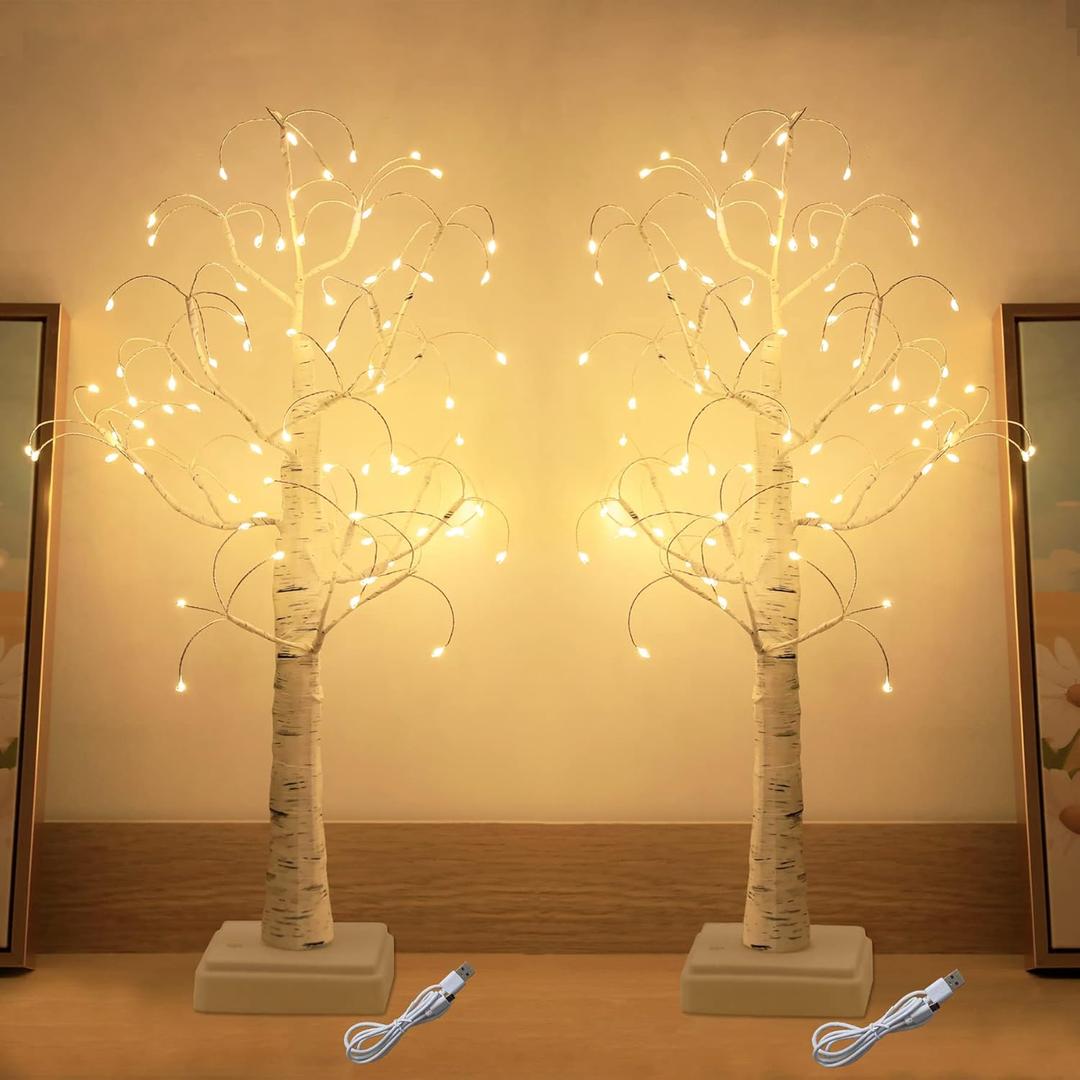 2 Pack White Birch Tree with 72 led Lights 22" Table Lighted Easter Trees with USB or Battery Operated Artificial Bonsai Tree Light for Tabletop Bedroom Wedding Christmas Decoration