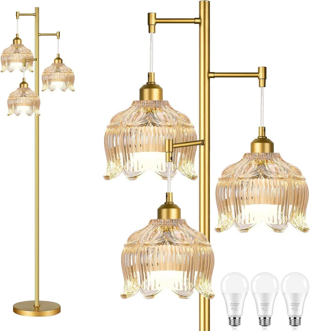 ILLMTW Gold Floor Lamp for Living Room,Bedroom,Mid Century Modern Standing Lamp Brass Tree 3 Light Tall Floor Lamps Vintage Retro Floor Lights Glass Amber Flower Lamp Shade Farmhouse Boho Bohemian