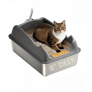 8" Deep Stainless Steel Litter Box with Lid, XL Litter Boxes for Big Cats, Metal High Sided Litter Box, Anti-Stick and Anti-Leak, Easy to Clean, Dark Gray