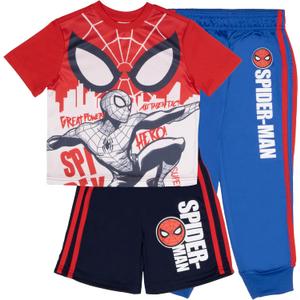 Marvel Spider-Man Boys 3-Piece Superhero Jogger Set - Spidey, Miles Morales Graphic T-Shirt, Shorts, & Sweatpants Bundle (5-6, Red/Blue/Black)
