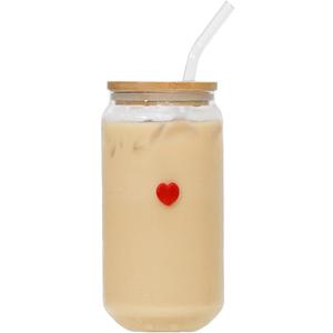 2 x Coquette Aesthetic Glass Can Cup with Bamboo Lid and Straw, 16oz Cute Red Heart Travel Tumbler, Iced Coffee Matcha Smoothie Cup, Trendy Stuff Gifts for Women, Girl Gifts