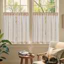 Jinchan Katy Linen Floral Kitchen Curtains 36 Inches Length Stripe Cafe Curtains Farmhouse Cottagecore Tier Small Window Drapes for Living Room Light Filtering Rod Pocket 2 Panels Sage Green on Linen