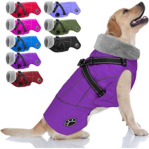 Doglay Dog Jacket Waterproof Dog Coat with Harness Built in, Christmas Puppy Winter Coat Reflective Turtleneck Puffer Snow Jackets for Small Medium Large Dogs (Purple)