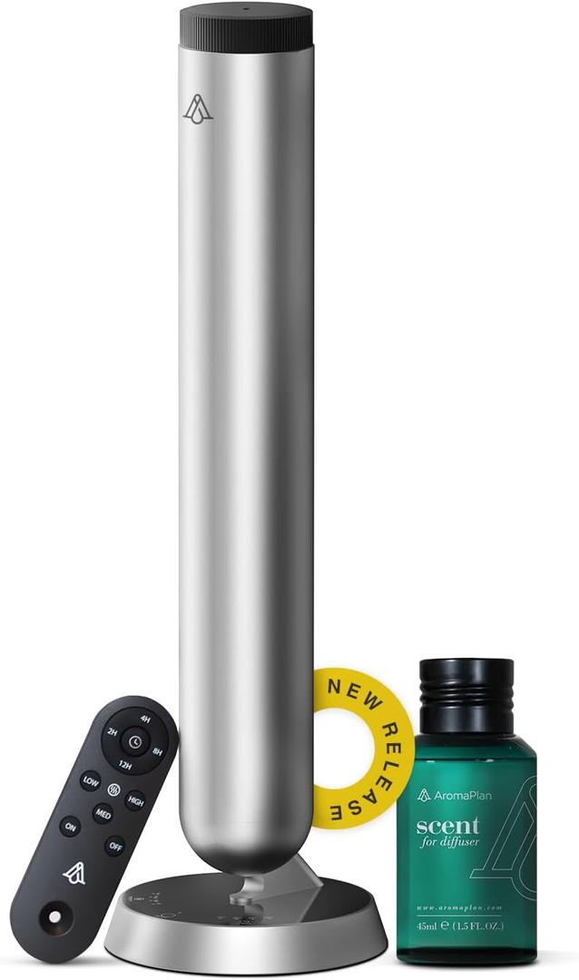 AromaPlan Slim Pro 2025 Waterless Tower Diffuser (Fragrance Included)- Diffuser for Aromatherapy Oils - No Noise, Easy Scent Adjustment & Energy Saving - Wireless Pro for Home, Office & Hotel (Silver)