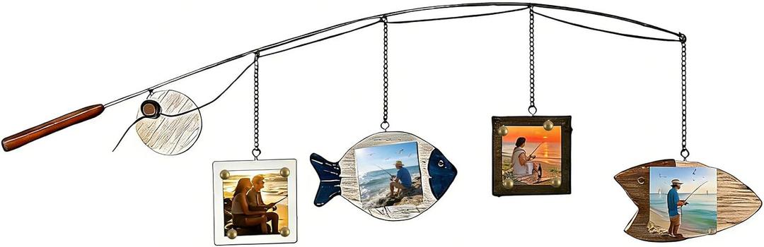 Picture Frame for Real Fishing Rod Decoration,Four 4"X4" Wooden Fishing Pole Wall Decor to Fisherman,Father,Lover Presents of Men Show with Their Hunting and Fisher Lake Life Decor