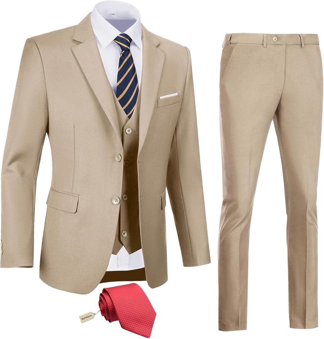 Men's Slim Fit 3 Piece Suit Two Button Business Wedding Dress Tux Suit Set Jacket Vest Pants with Tie (Large, Champagne)