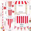 Meooeck 75 Pcs Carnival Circus Concession Stand Decor Kit Red White Striped Table Skirt and Pennant with Red White Striped Popcorn Boxes and Straws for Carnival Party Supplies