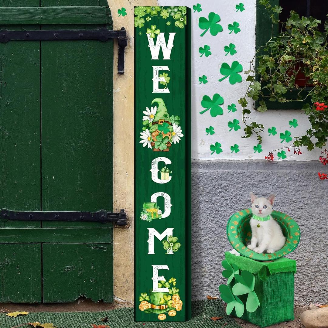 WovWeave St. Patrick's Day Porch Sign Green Wooden Welcome Porch Decor Shamrocks Door Sign 47 Inch Welcome Hanging Decor St. Patrick Decoration Outdoor Indoor for Party Front Door Wall Home(Gnome)