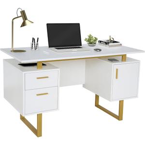 Techni Mobili Storage Drawers and Cabinet 51.25 W-Modern Office Large Floating Desktop Surface Desk, 23.6" D x 51.2" W x 29.8" H, White/Gold