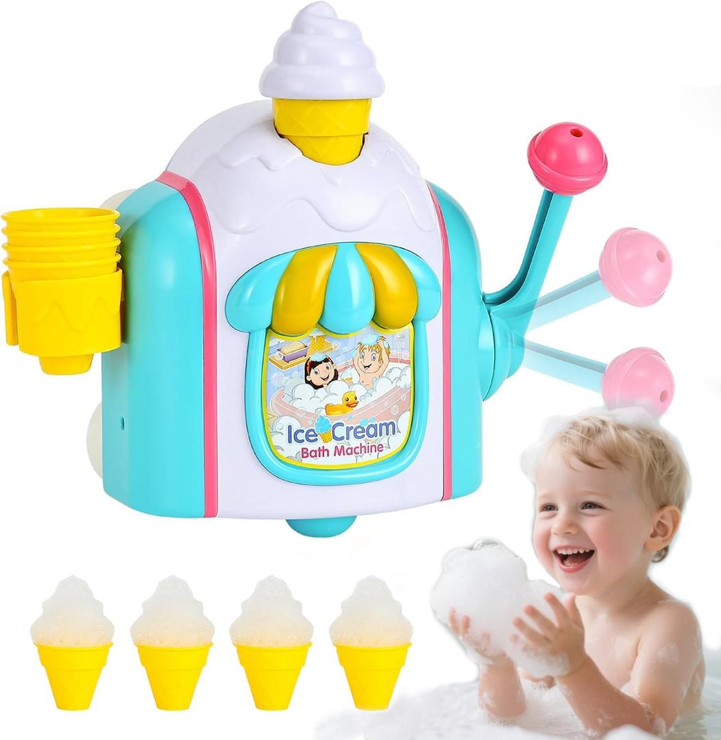 Bath Toys for Toddlers 3-5 Years, Bubble Ice Cream Maker Foam Bath Toys with Anti-Slip Buckle,Bathtub Bubble Machine Pretend Cake Play Set for Kids Boys Girls Age 3 4 5