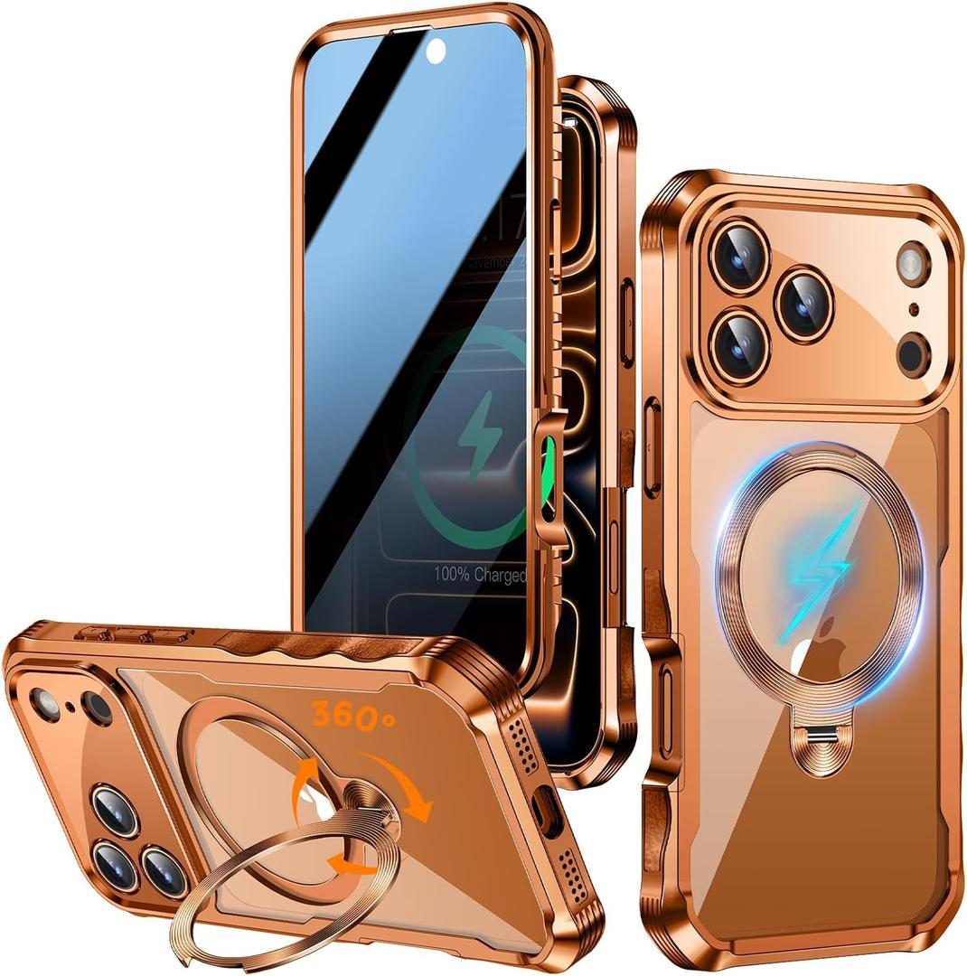 Upholyee [360 Rotatable CD Stand & Built-in Privacy Screen Magnetic Case for iPhone 17 Pro[Compatible with MagSafe & Full Signal] Mil-Grade Shockproof Full Body Anti-Spy Cover for 17 Pro-Orange