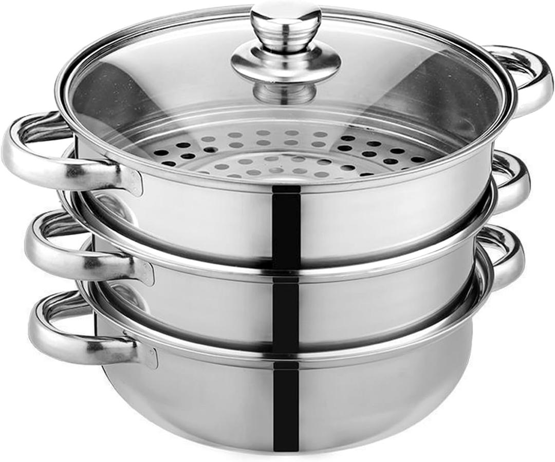 Steamer Pot for Cooking 11 inch Steamer Pot, 3-tier Multipurpose 18/8 Stainless Steel Steam Pot Cookware with Lid for Vegetable, Dumpling, Stock, Sauce, Food