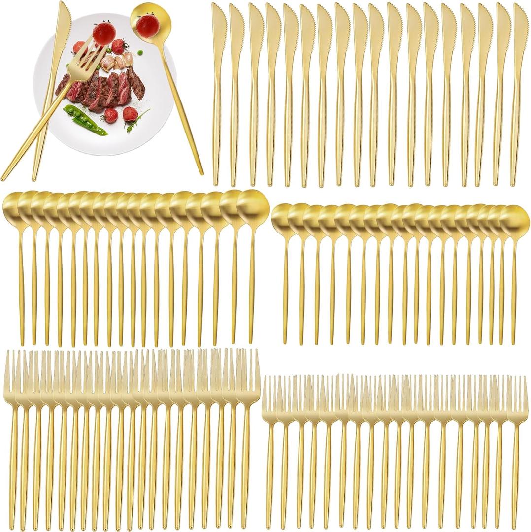 Gold Silverware Set 300-Piece – Premium Stainless Steel Flatware Set for 60, Luxury Gold Cutlery Set with Spoons Forks Knives, Shiny Kitchen Utensils for Home Restaurant Hotel