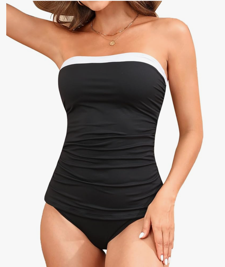 Aqua Eve Bandeau Swimsuits for Women Two Piece Bathing Suits Ruched Tummy Control Tankini Sets Strapless Swimwear Size M