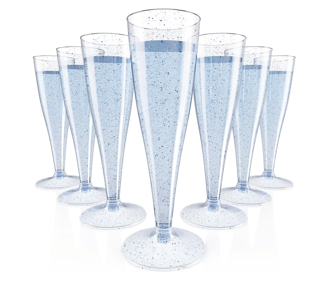 JOLLY CHEF 100 Pack Plastic Champagne Flutes Disposable 4.5 oz Blue Glitter Plastic Champagne Glasses Suitable for Wedding, Thanksgiving Day, Christmas