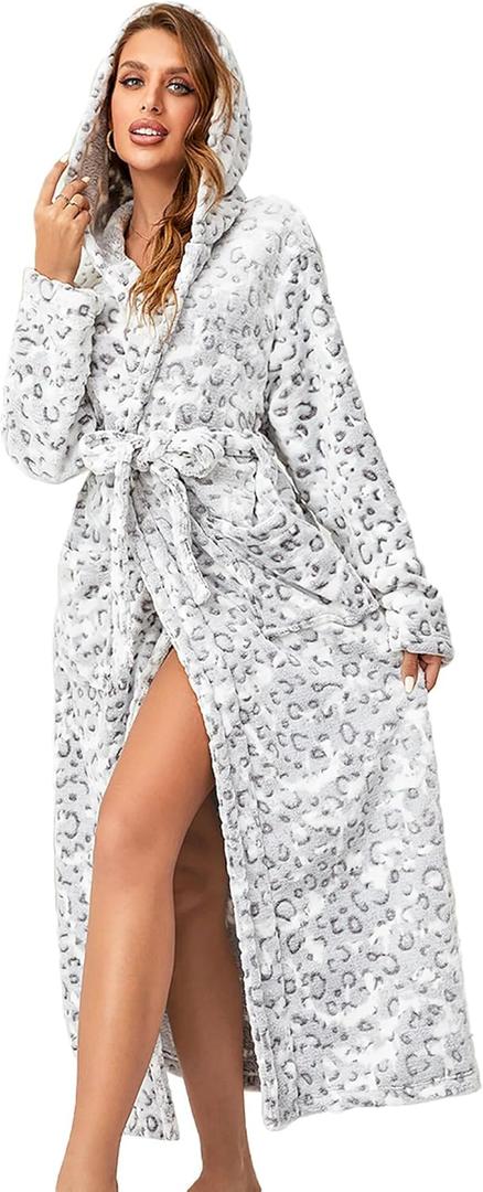 RONGTAI Womens Robes Plush Fleece Hooded Bathrobe Thick Nightgown with Pockets Fluffy Sleepwear (XX-Large, Leopard)