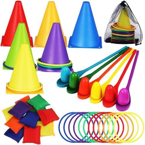 Libima 43 Pcs Carnival Games Combo Set, Egg Spoon Relay Set, Plastic Cones Bean Bags Ring Toss Game Party Supplies for Boys Girls Adults Family Birthday Gifts Indoor Outdoor Yard Lawn