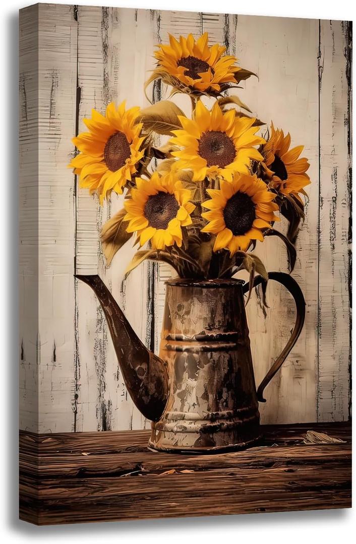 Vintage Sunflower Wall Art Farmhouse Rustic Yellow Sunflower Painting Wooden Background Print Poster Framed Country Style Flower Picture for Bathroom Kitchen Decor, 24"L x 16"W