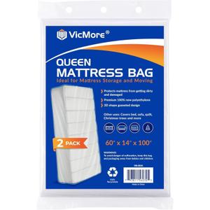 VICMORE Queen Mattress Bags 2-Pack for Moving & Storage - 1.5 Mil Clear Plastic Queen Mattress Moving Bags, Dust Protection