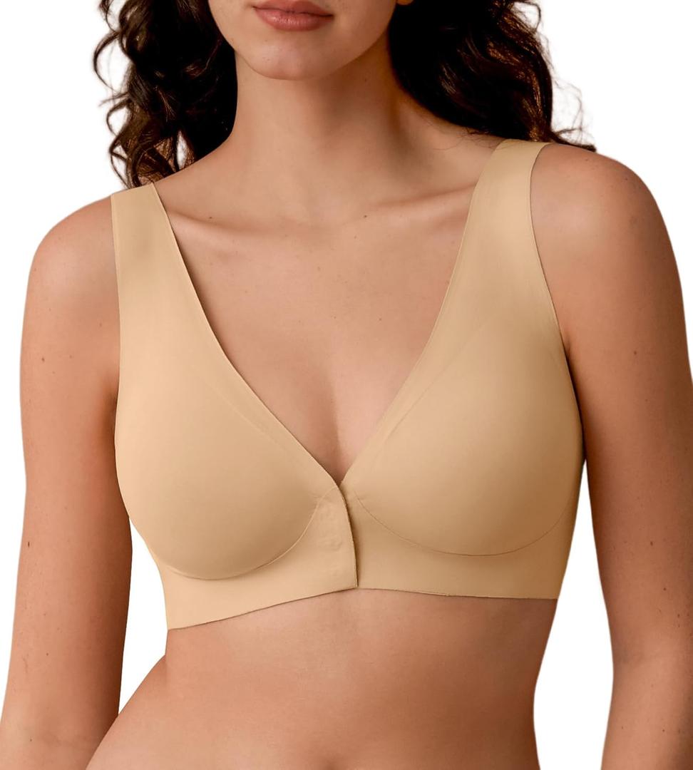 Front Closure Bras for Women - Wireless Deep V Plunge Seamless Padded Bras Comfortable Soft Mastectomy Bra No Underwire (X-Large, Nude)