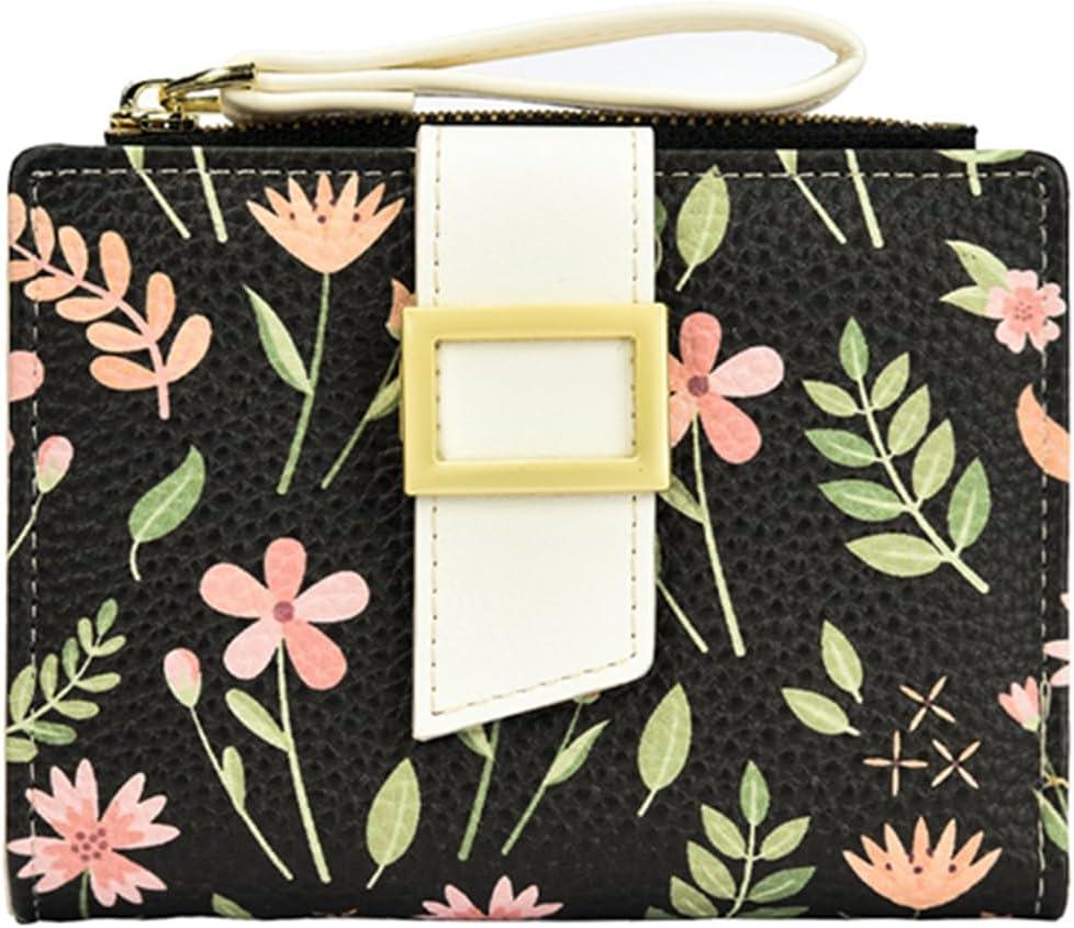 Small Soft Pocket Floral Wallet for Women, Bifold Purse with ID Window, Zipper Coin Pocket, card slots (Flower Black)