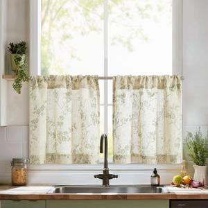 jinchan Floral Kitchen Curtains 24 Inch Linen Tier Curtains Farmhouse Cafe Half Window Drapes Over Sink Light Filtering for Living Room Laundry RV Rod Pocket 2 Panels Sage Green on Beige