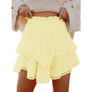 Aoudery Flowy Shorts for Women Casual Boho Ruffle Tiered Skorts High Waist Mini Skirts Golf Tennis Crochet Shorts (Yellow, L)